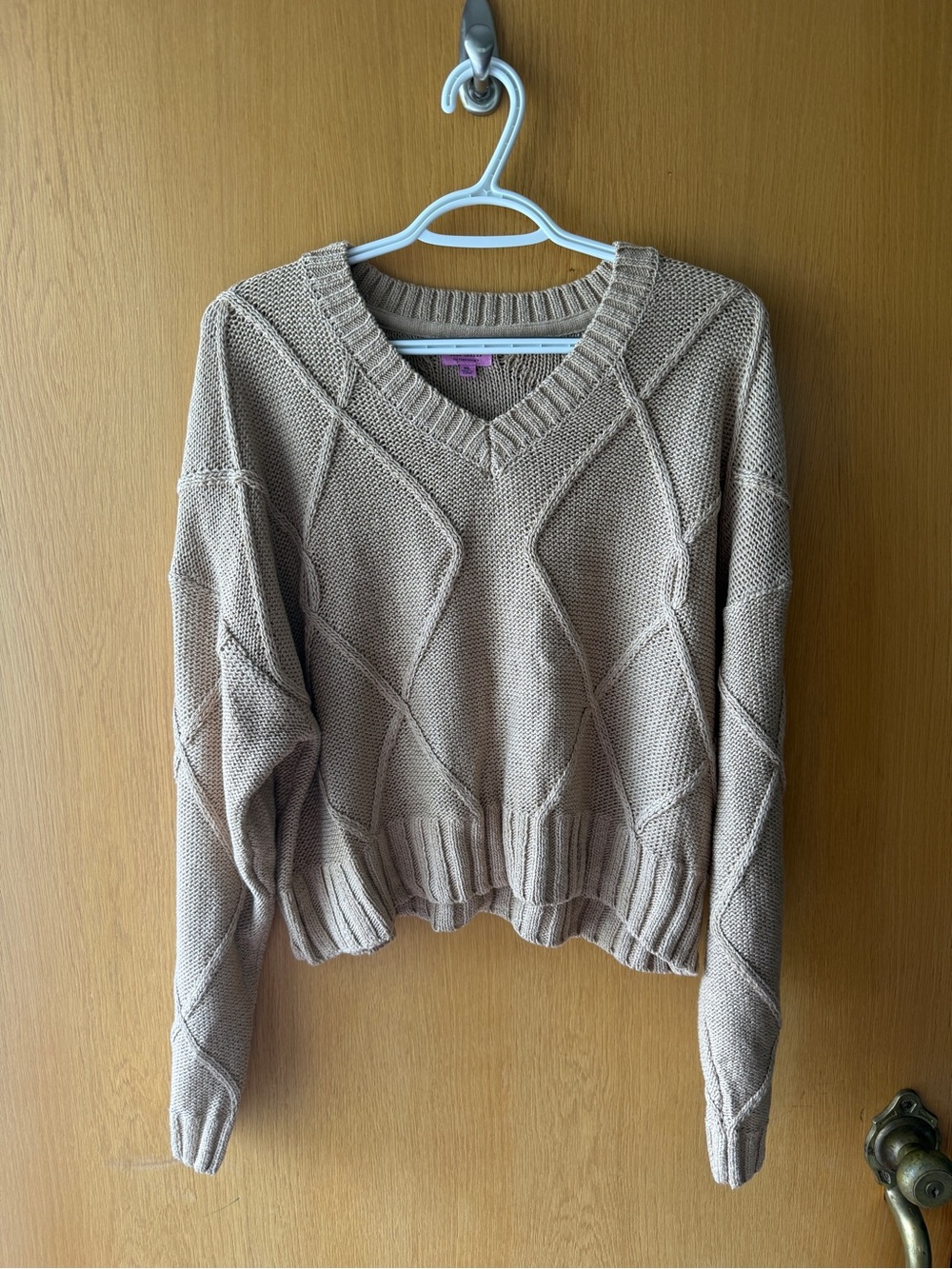 Francesca’s Taupe V-Neck Crop Cable Knit Sweater